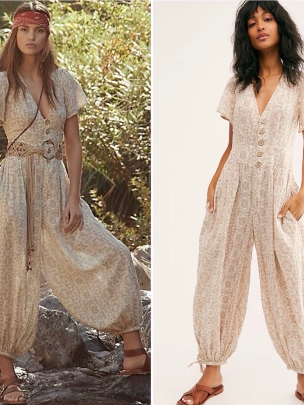 Free People Layla Boho-Print Beige V-Neck Jumpsuit Size S